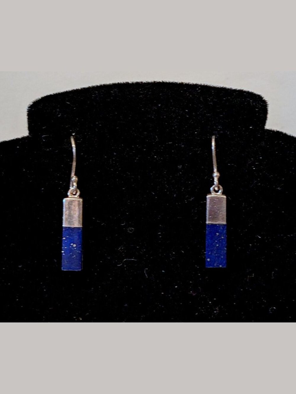 Artisan Sterling Silver Blue Lapis Drop Dangle Hook Baguette Earring Signed Boma
